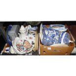 Large quantity of blue and white china including serving dishes, meat plates, etc.