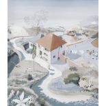 Rob Carpenter (20th century school) Watercolour drawing Village scene with coast in the distance,
