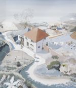 Rob Carpenter (20th century school) Watercolour drawing Village scene with coast in the distance,