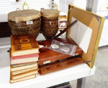 Pair of drums with pottery bases, with geometric design and skin covers,