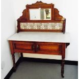 Edwardian marble-top washstand, the backboard having bevelled mirror and tiled splashback,