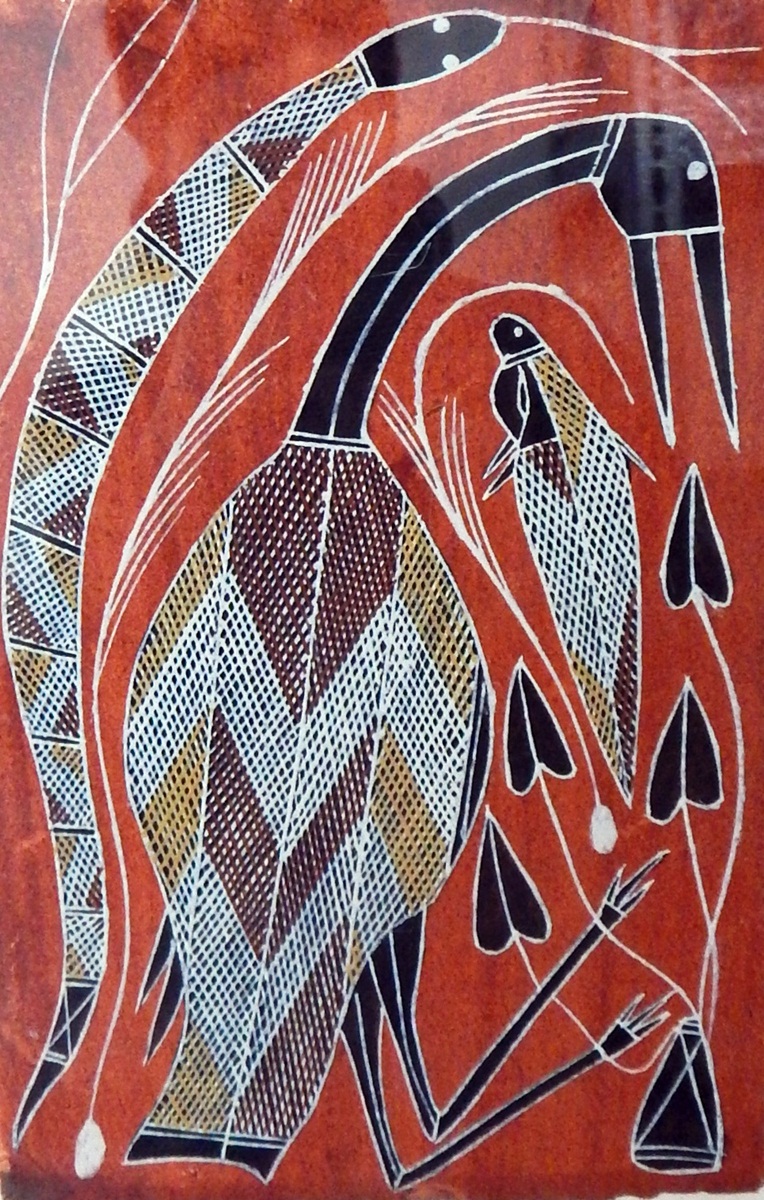 Festo Maralngurra (Aboriginal artist) Earth pigments on paper "Jabiru, Namankorl and Ngalyod",