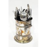 Modern silver plated wine cooler of circular form, with leather handle,