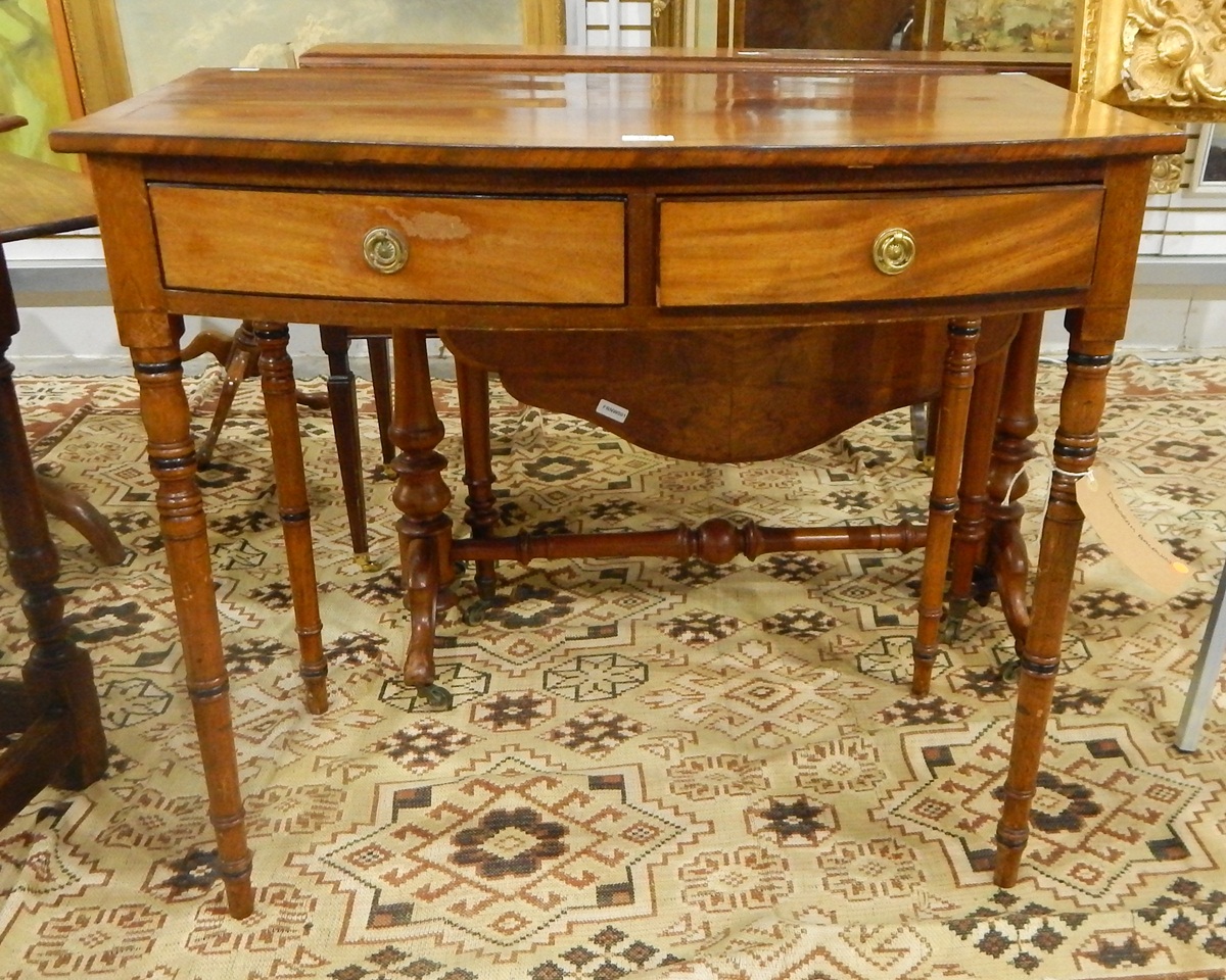 Georgian cross-banded mahogany side table fitted two drawers to frieze with circular brass handles