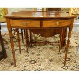 Georgian cross-banded mahogany side table fitted two drawers to frieze with circular brass handles