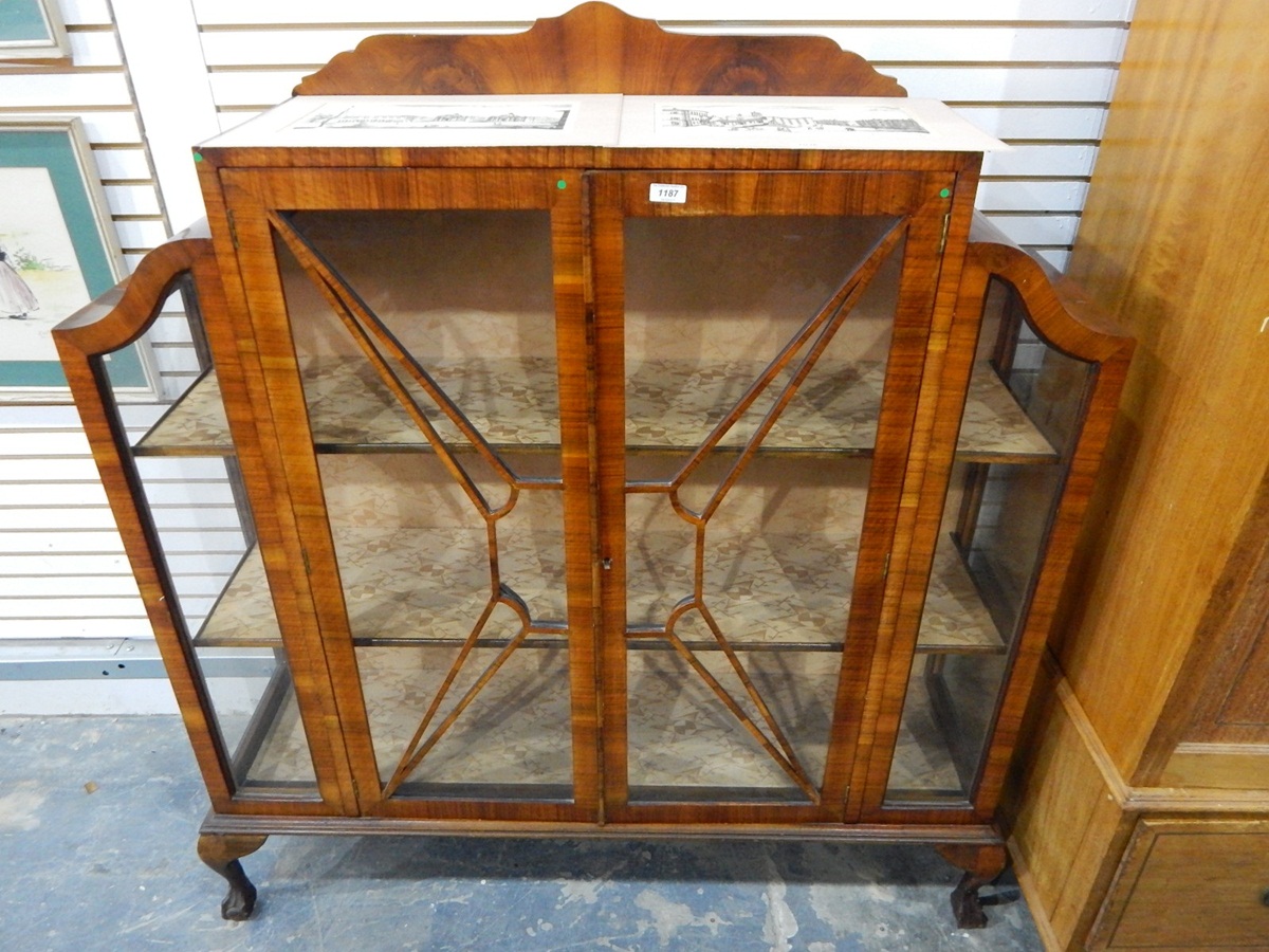 Walnut veneered circa 1930's display cabinet in the Art Deco style,