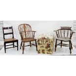 Elm seated elbow chair with turned spindle gallery, scroll arms, on turned supports,