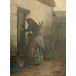 19th century school Watercolour drawing Lady gathering twigs outside cottage,