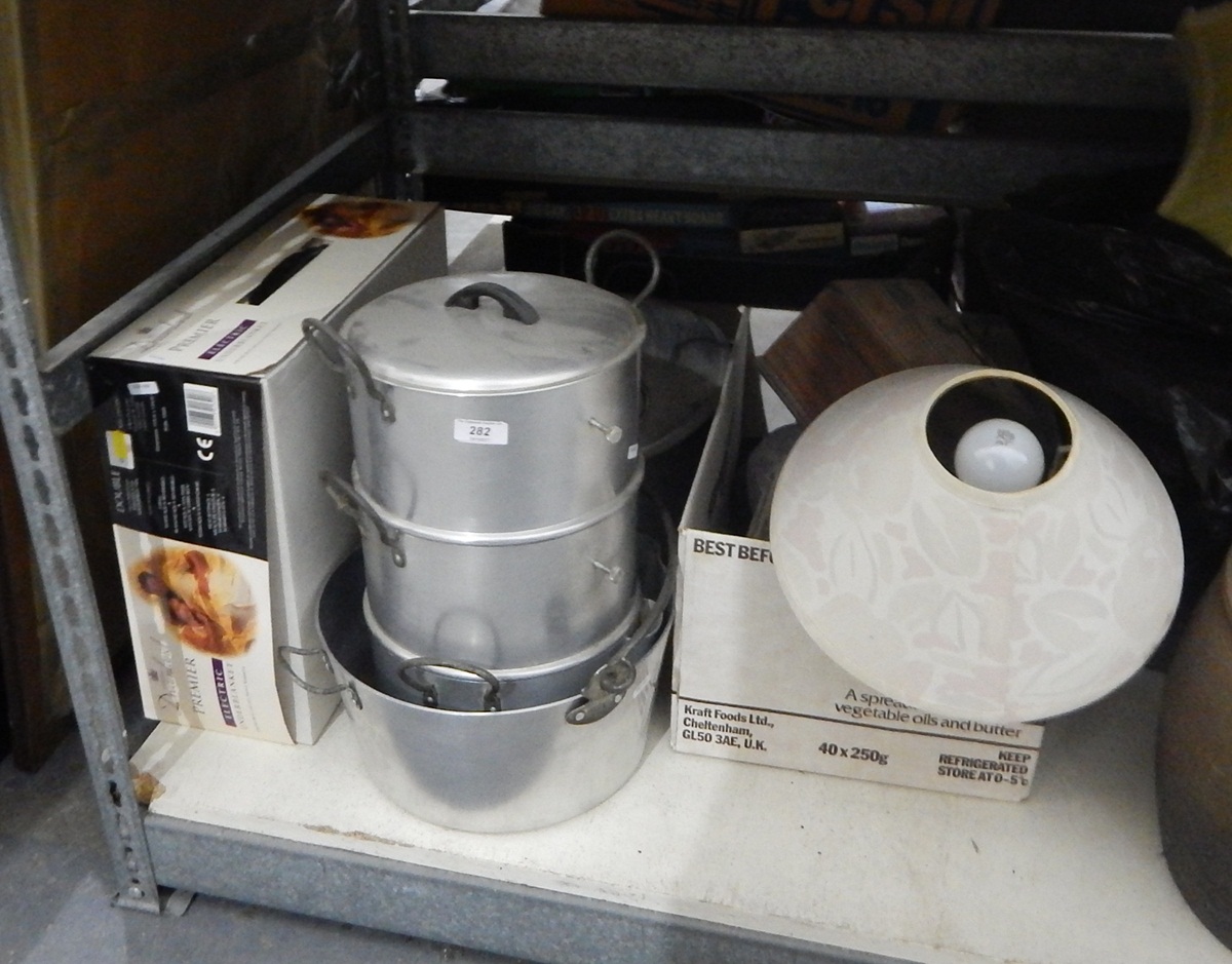 Large aluminium saucepan/fish kettle/jam pan/steamer, a bedside lamp, boxes,