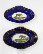 Pair of late 18th century Coalport 'Animal' pattern oval-shaped dishes with oval cartouches of
