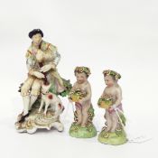 19th century Capodimonte porcelain figure group of gentlemen and pipes, with dog by his side,