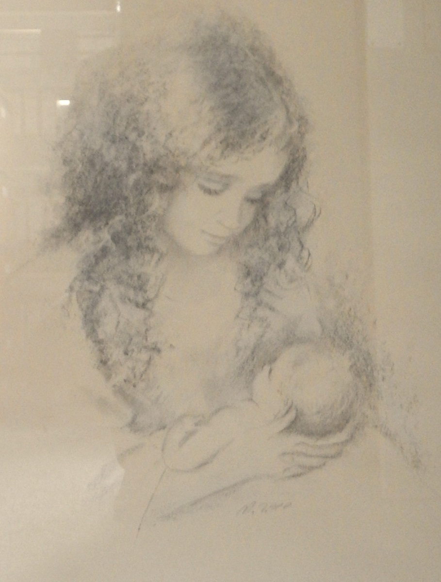 20th century school Coloured lithograph "Tenderness", woman with child, signed,