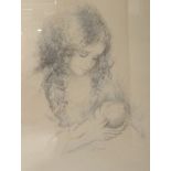 20th century school Coloured lithograph "Tenderness", woman with child, signed,