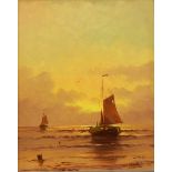 Oil on canvas Fishing boats in an evening sunset, initialled lower right "Bakdi(?)",