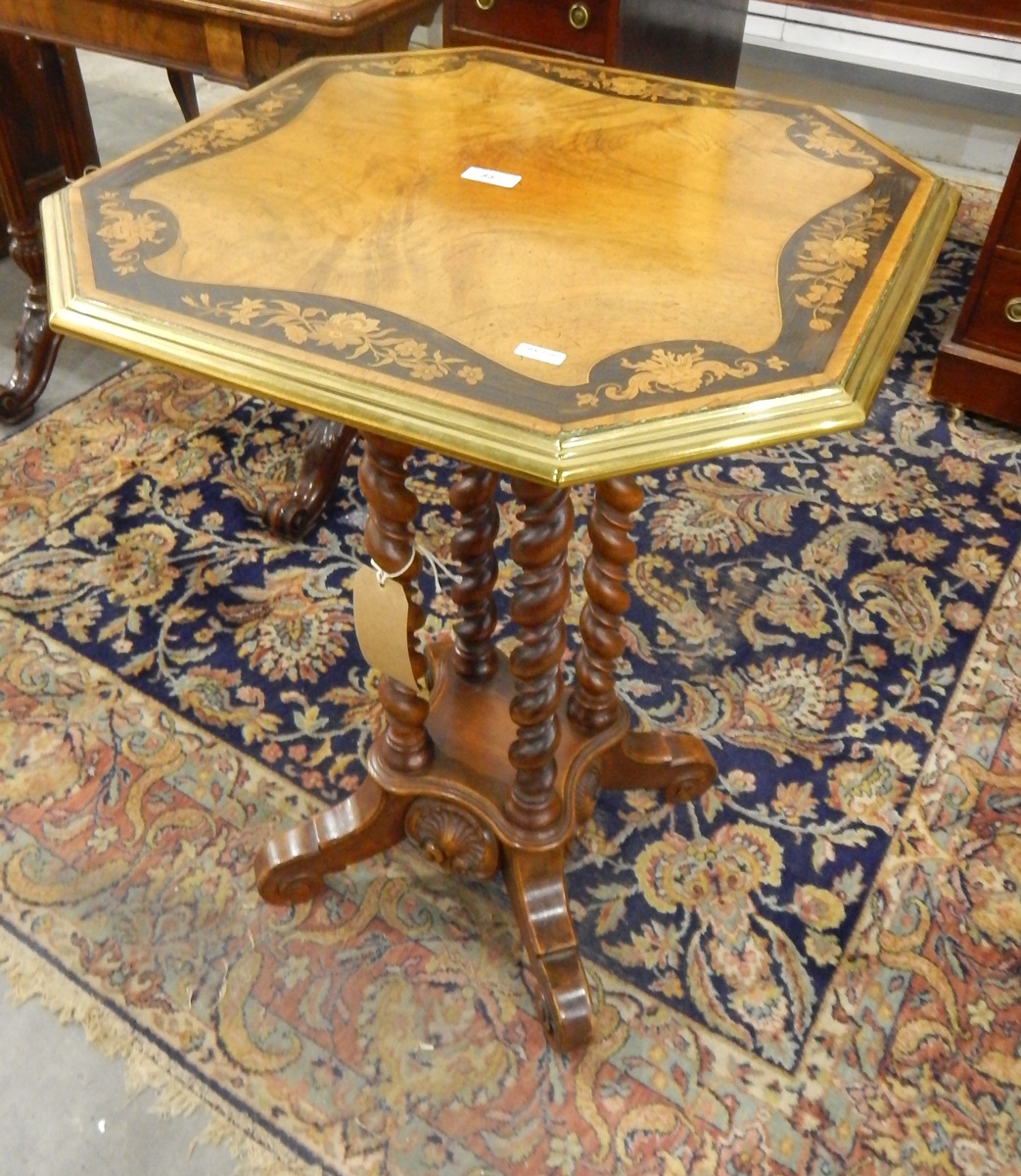 Edwardian brass-bound and cross-banded octagonal occasional table,