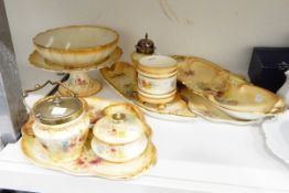 Royal Devon dressing table set, the yellow ground decorated with flowers, a silver-plated sifter,