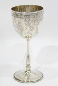 Victorian silver goblet, the engraved cup on a shaped stem, on a circular base,