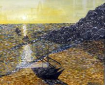 Unattributed (early 20th century school) Oil on canvas Fishing boats on beach in dappled evening