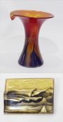 Art glass vase of flared form with mottled blue, gold and red decoration, 17.