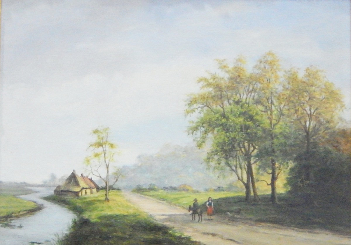 Olive Brown (19th century) Oil on board Figures on a path by river, signed lower right,