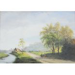 Olive Brown (19th century) Oil on board Figures on a path by river, signed lower right,