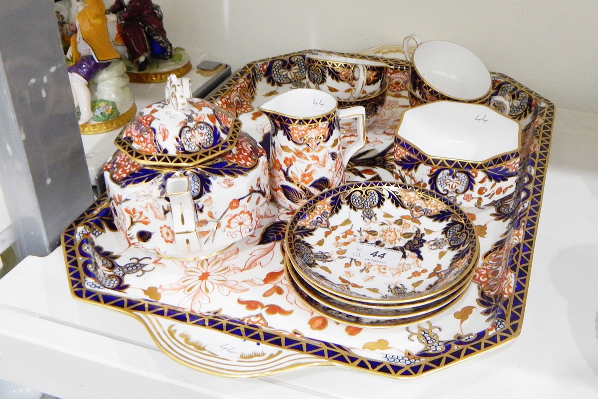 Royal Crown Derby cabinet set in the Imari colours, comprising of two-handled tray, teapot,