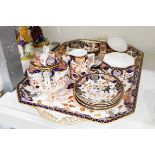 Royal Crown Derby cabinet set in the Imari colours, comprising of two-handled tray, teapot,