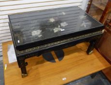 Chinese ebonised and lacquered table, the top with shibayama floral decoration and painted foliage,