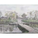 Russian school Watercolour drawing Village scene with figures on a bridge, signed and dated 1973,