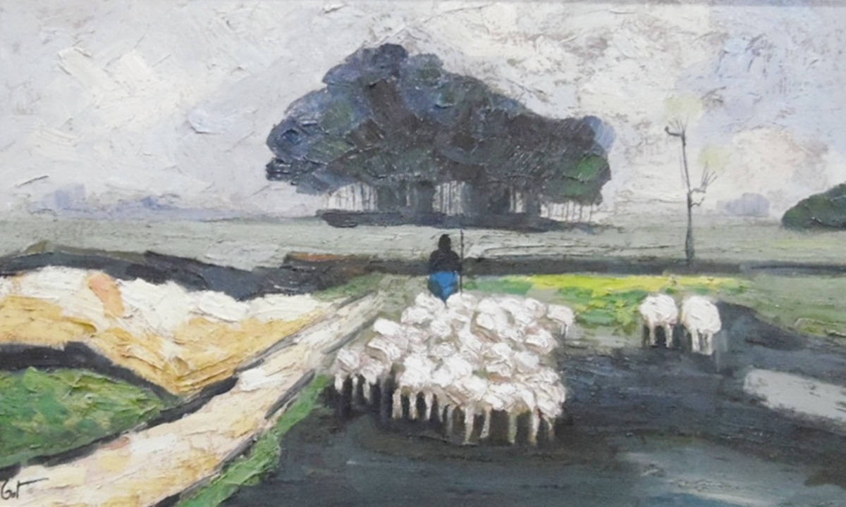 Piet van Ost (Belgium, 20th century) Oil on canvas Shepherd and flock in landscape,