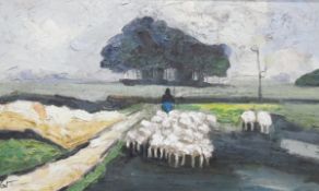 Piet van Ost (Belgium, 20th century) Oil on canvas Shepherd and flock in landscape,