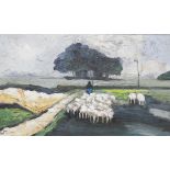 Piet van Ost (Belgium, 20th century) Oil on canvas Shepherd and flock in landscape,