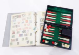 Folder and contents of all world stamps and a travelling backgammon set (2)