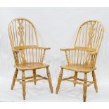 Pair of stick high-back kitchen elbow chairs in beech,
