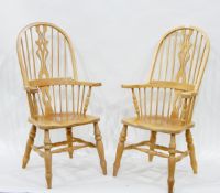 Pair of stick high-back kitchen elbow chairs in beech,