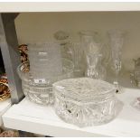 Set of seven cut glass finger bowls, two cut glass fruit bowls, a decanter,