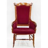 Victorian oak and mahogany framed chair with upholstered pad back and seat,