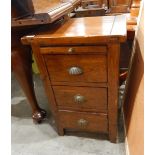 Small pine chest of three drawers, an upholstered top stool,