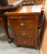 Small pine chest of three drawers, an upholstered top stool,