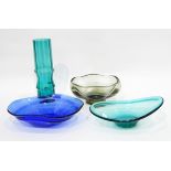 Three free-form art glass bowls and a stepped green glass vase (4)