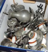 Large quantity of pewter items including candlesticks, jugs, cup holders,