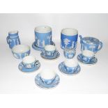 Quantity of 19th century Wedgwood pale blue jasperware to include teapot, teacups and saucers, jugs,