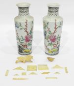 Pair of Oriental porcelain vases with tall flared necks, circular tapering form, floral decoration,