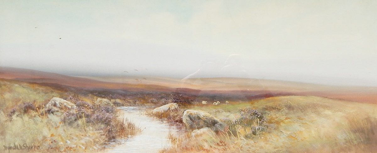 Reginald D Sherrin (20th century school) Gouache Moorland with sheep and spring,