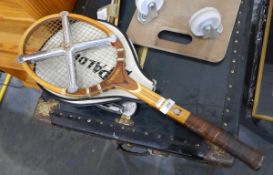 Modern pine veneered table/office desk together with a Spalding Imperial wooden tennis racket (2)