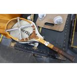 Modern pine veneered table/office desk together with a Spalding Imperial wooden tennis racket (2)