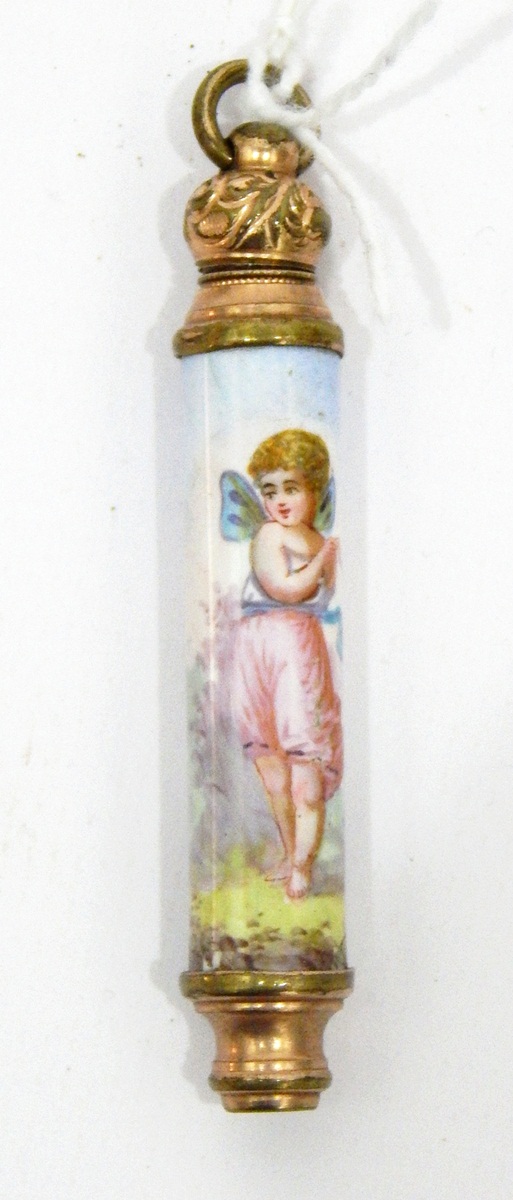 Early 20th century gilt metal propelling pencil with painted porcelain body depicting a fairy in