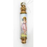 Early 20th century gilt metal propelling pencil with painted porcelain body depicting a fairy in