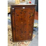 18th century mahogany and stylised floral inlaid hanging corner cupboard, with brass H-hinges,