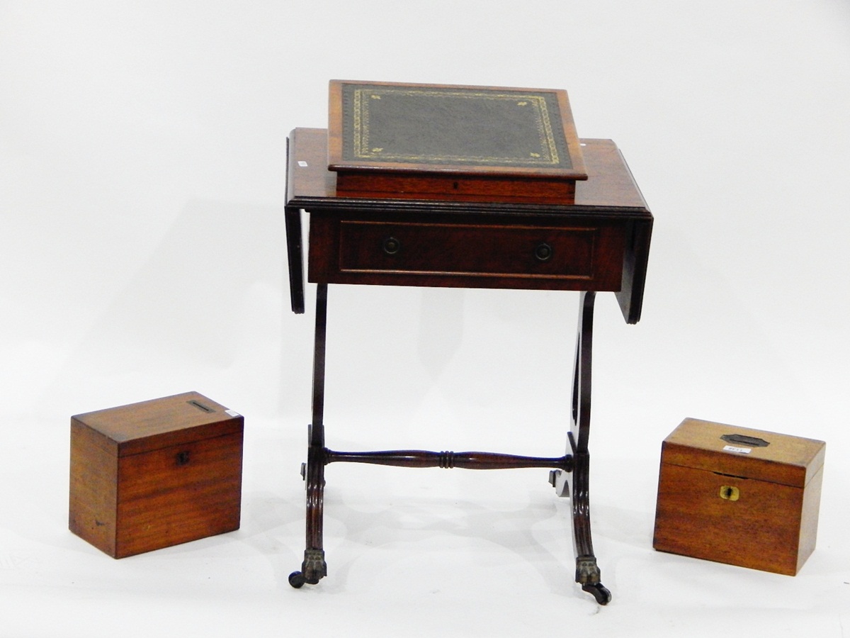 Reproduction mahogany veneered fall-flap telephone/lamp table fitted a drawer to frieze,